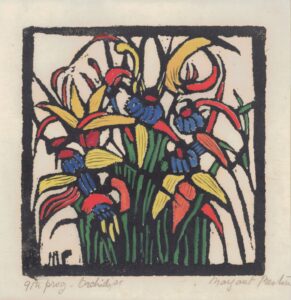 Orchids (1925) Hand-coloured woodcut by Margaret Preston