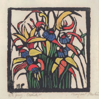 Orchids (1925) Hand-coloured woodcut by Margaret Preston